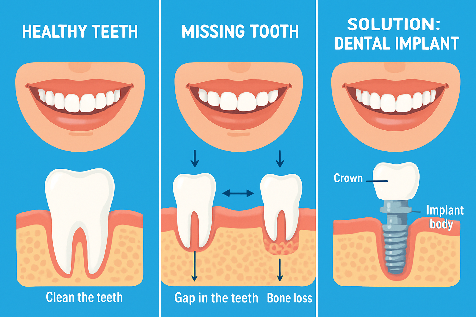 Healthy Teeth vs Missing Tooth vs Dental Implant Solution