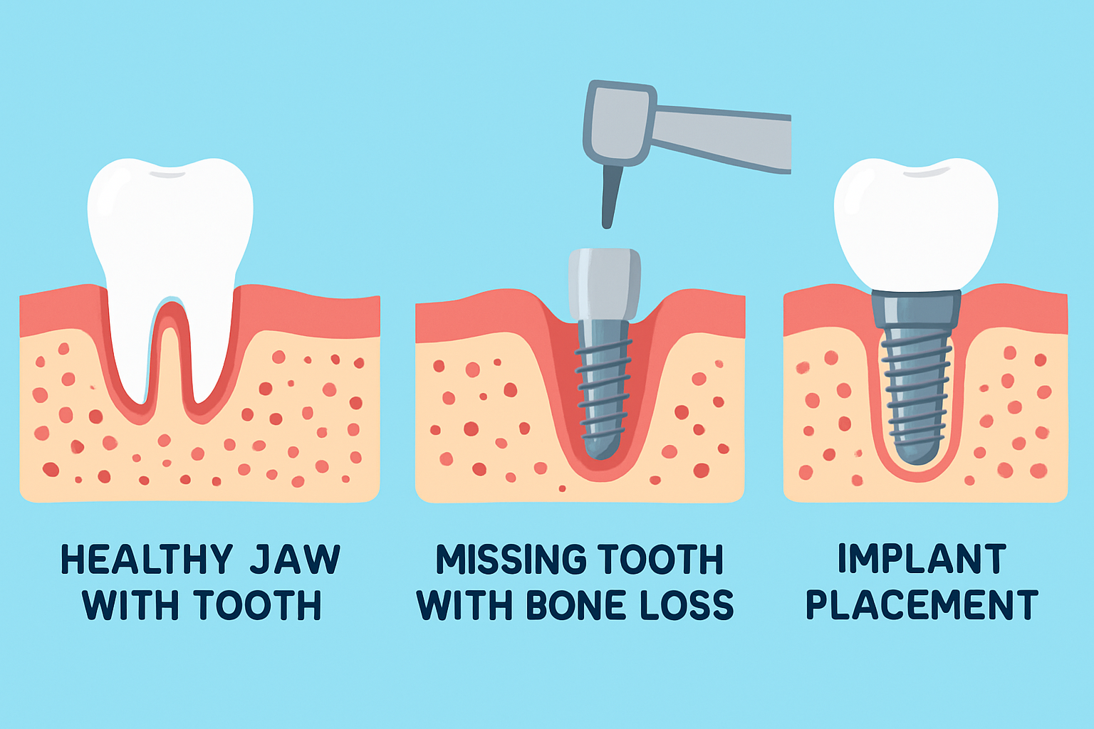 Healthy Jaw vs Missing Tooth vs Implant Placement